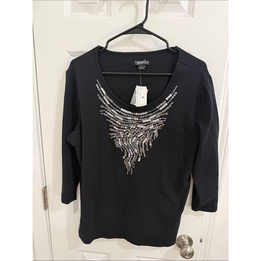 Christopher & Banks Black 3/4 Sleeve Tee with Silver Sequin Accent Size XL NWT